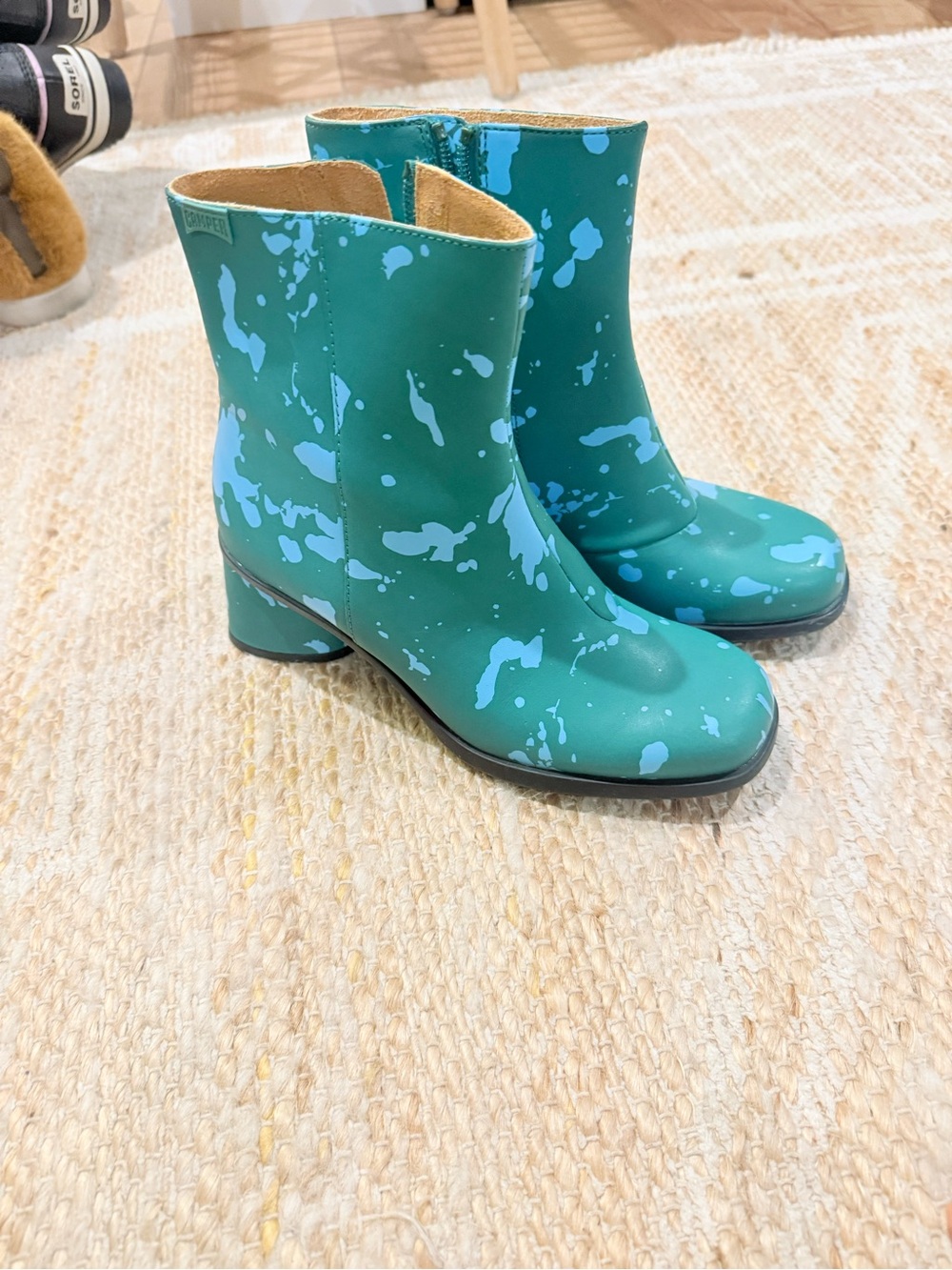 Camper Teal Ankle Boots with Light Blue Paint-Splash